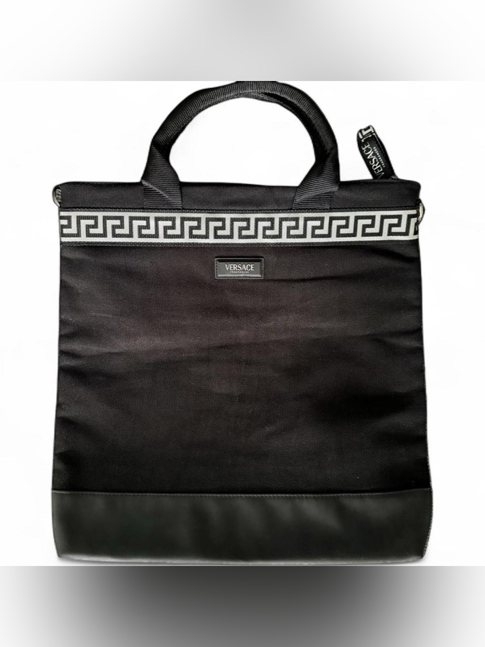 Versace Black and Silver Tote with Greek Key Band